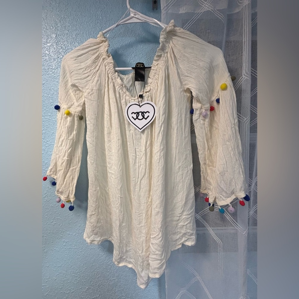 Boho Cream Tunic with Colorful Pom Poms